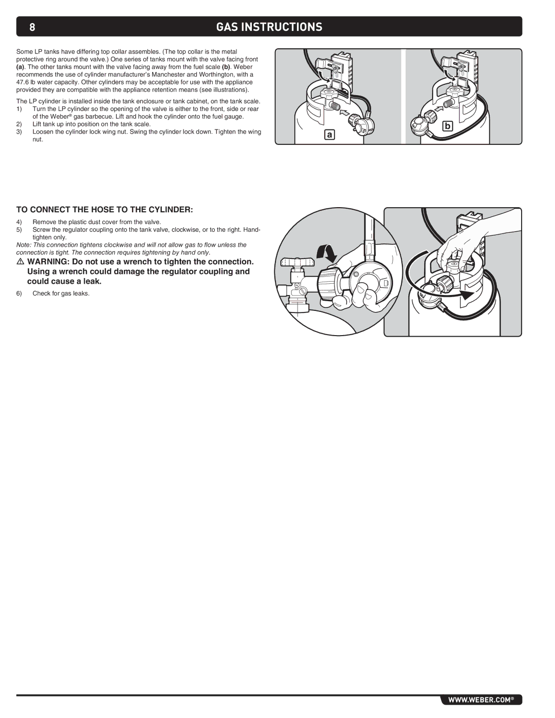 Summit S-460 manual Gas Instructions, To Connect the hose to the cylinder 