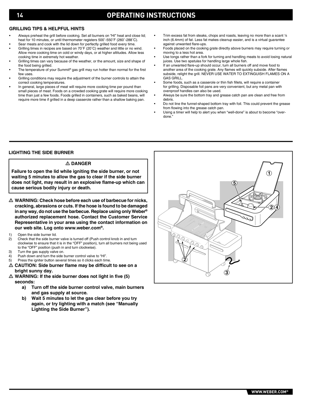 Summit S-470 manual Grilling Tips & Helpful Hints, Lighting the Side Burner 