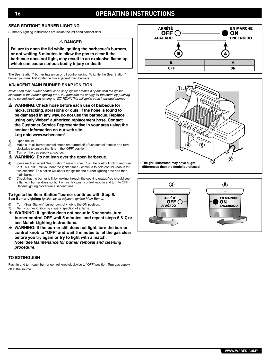 Summit S-470 manual Sear Station Burner Lighting, Adjacent Main Burner Snap Ignition, To Extinguish, Arrêté EN Marche 