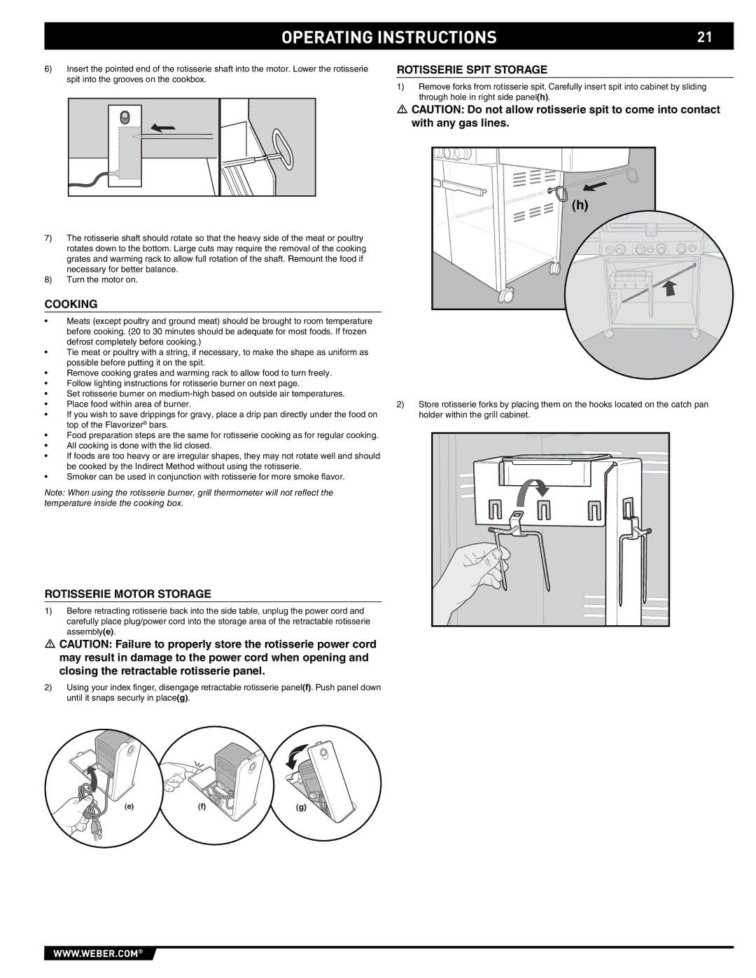 Summit S-470 manual Cooking, Rotisserie Motor Storage, Rotisserie Spit Storage 