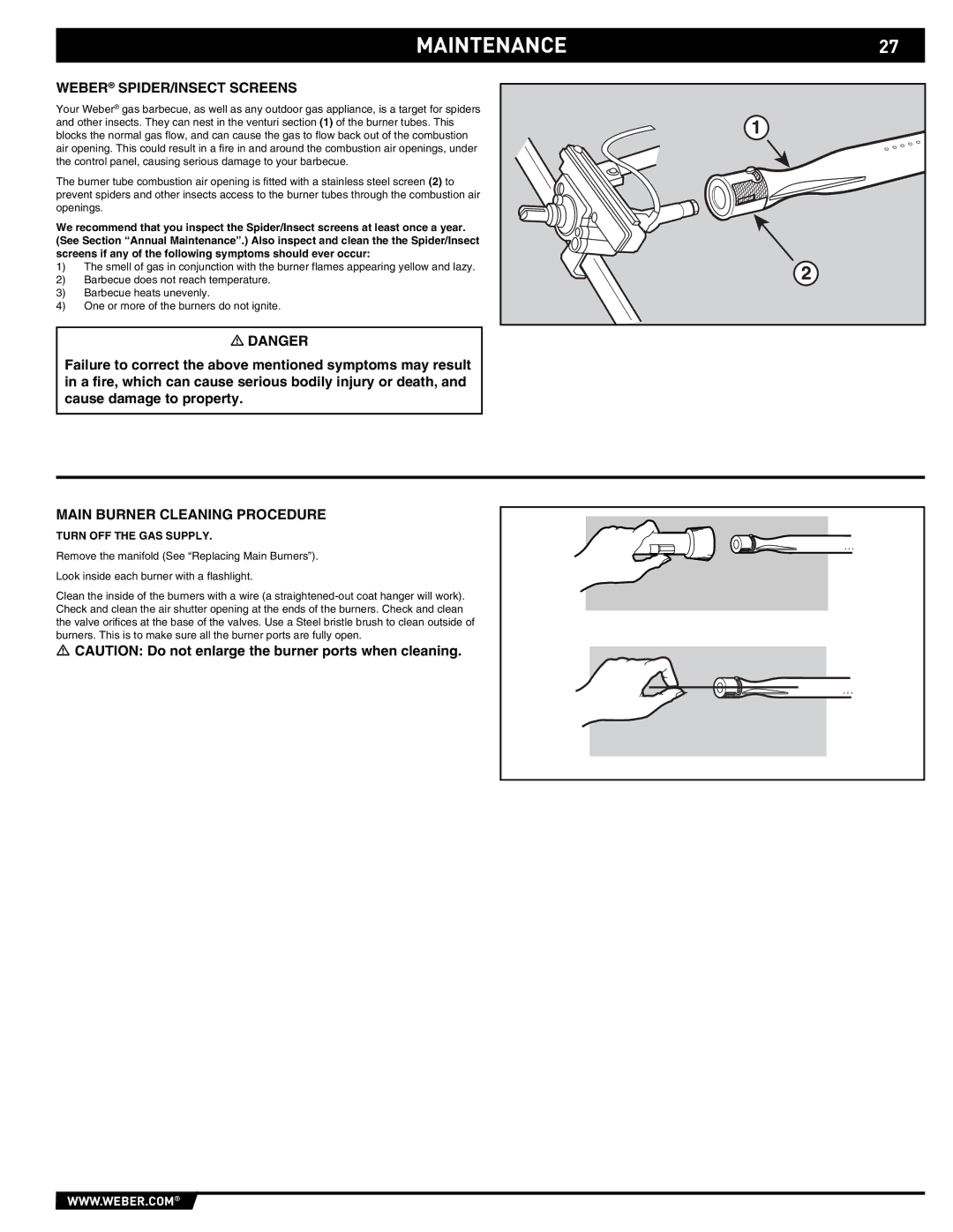 Summit S-470 manual Maintenance, Weber SPIDER/INSECT Screens, Main Burner Cleaning Procedure 