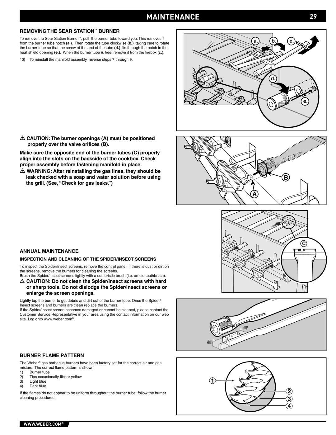 Summit S-470 manual Removing the Sear Station Burner, Annual Maintenance, Burner Flame Pattern 