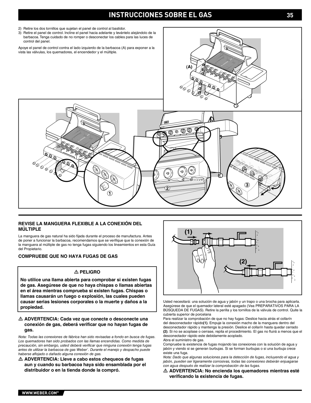 Summit S-470 manual Revise LA Manguera Flexible a LA Conexión DEL Múltiple, Compruebe QUE no Haya Fugas DE GAS Peligro 