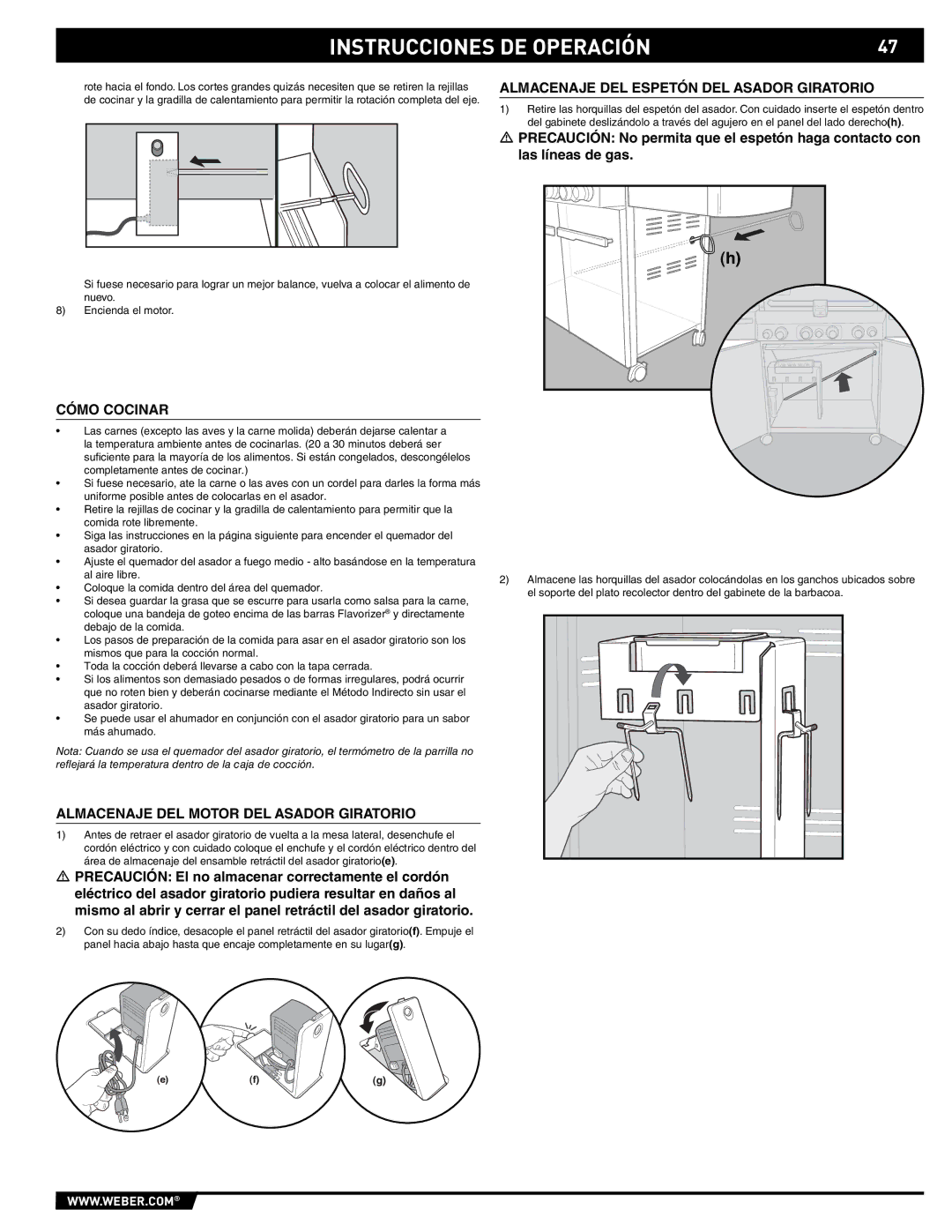 Summit S-470 manual Almacenaje DEL Espetón DEL Asador Giratorio, Cómo Cocinar, Almacenaje DEL Motor DEL Asador Giratorio 