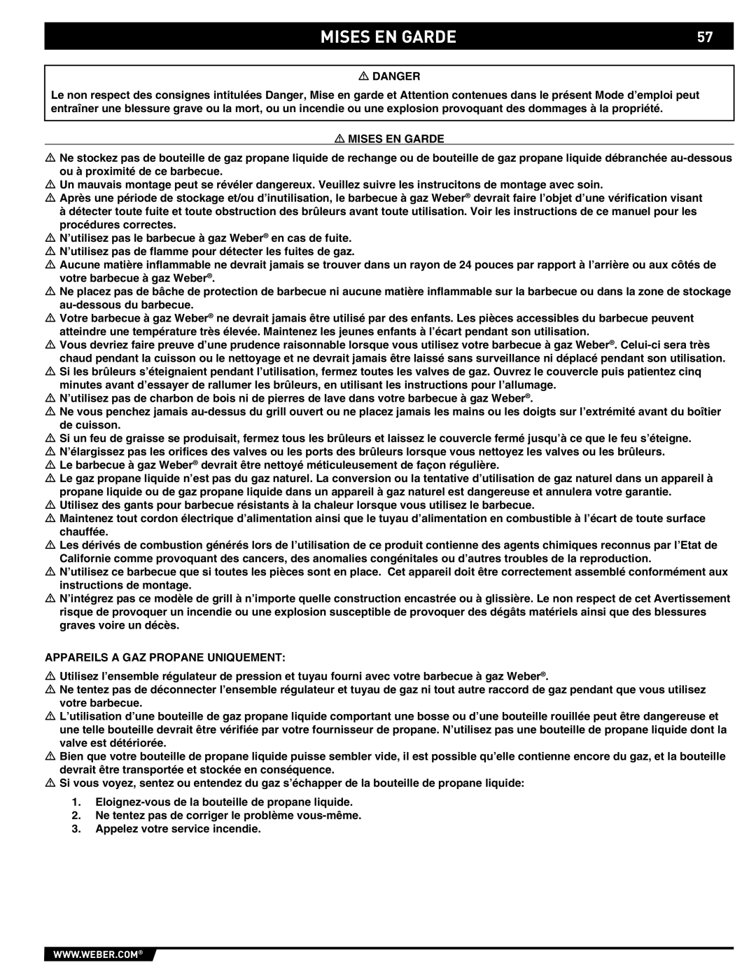 Summit S-470 manual Mises EN Garde, Appareils a GAZ Propane Uniquement 