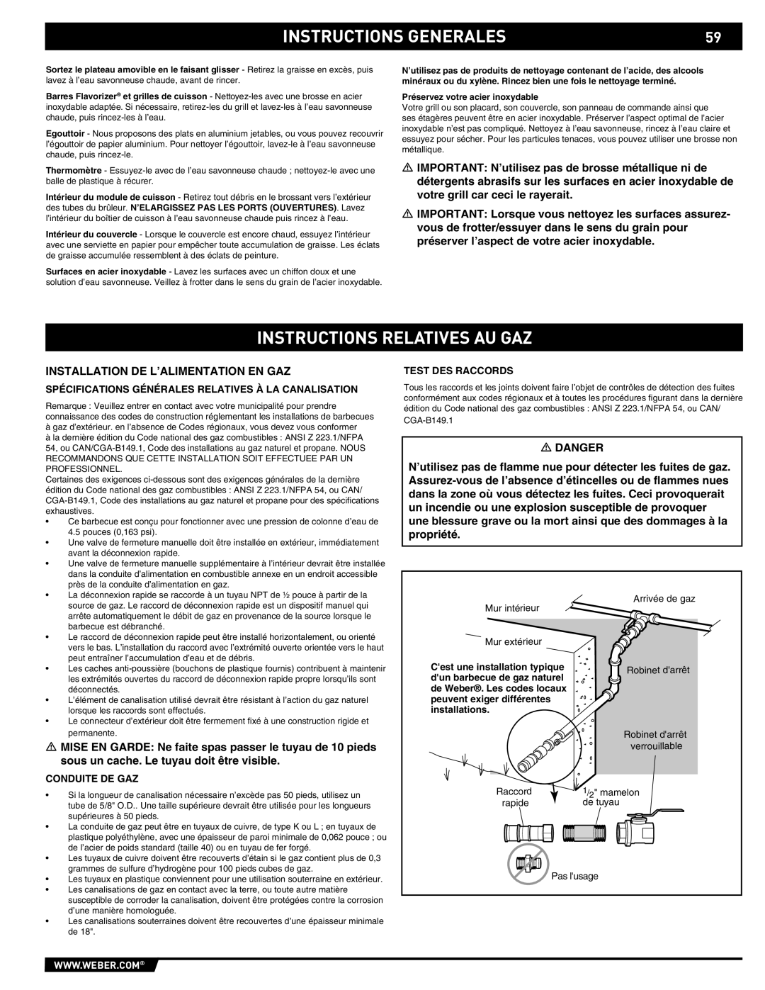 Summit S-470 Instructions Relatives AU GAZ, Installation DE L’ALIMENTATION EN GAZ, Test DES Raccords, Conduite DE GAZ 