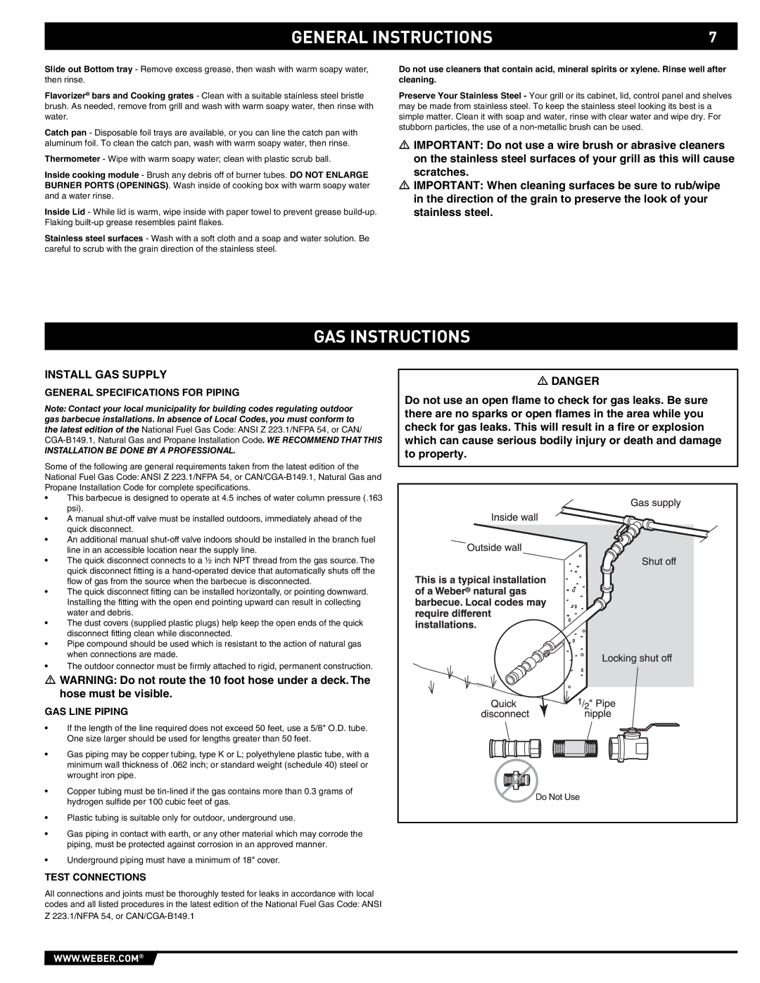 Summit S-470 GAS Instructions, Install GAS Supply, General Specifications for Piping, GAS Line Piping, Test Connections 