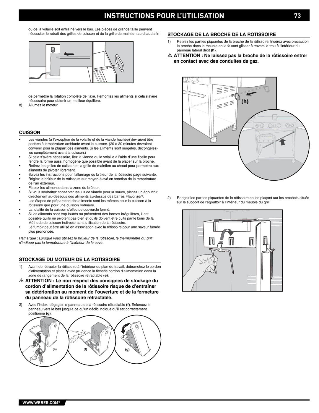 Summit S-470 manual Stockage DE LA Broche DE LA Rotissoire, Cuisson, Stockage DU Moteur DE LA Rotissoire 