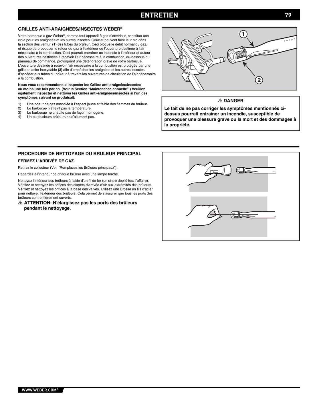 Summit S-470 manual ENTRETIEN79, Grilles ANTI-ARAIGNEES/INSECTES Weber, Procedure DE Nettoyage DU Bruleur Principal 