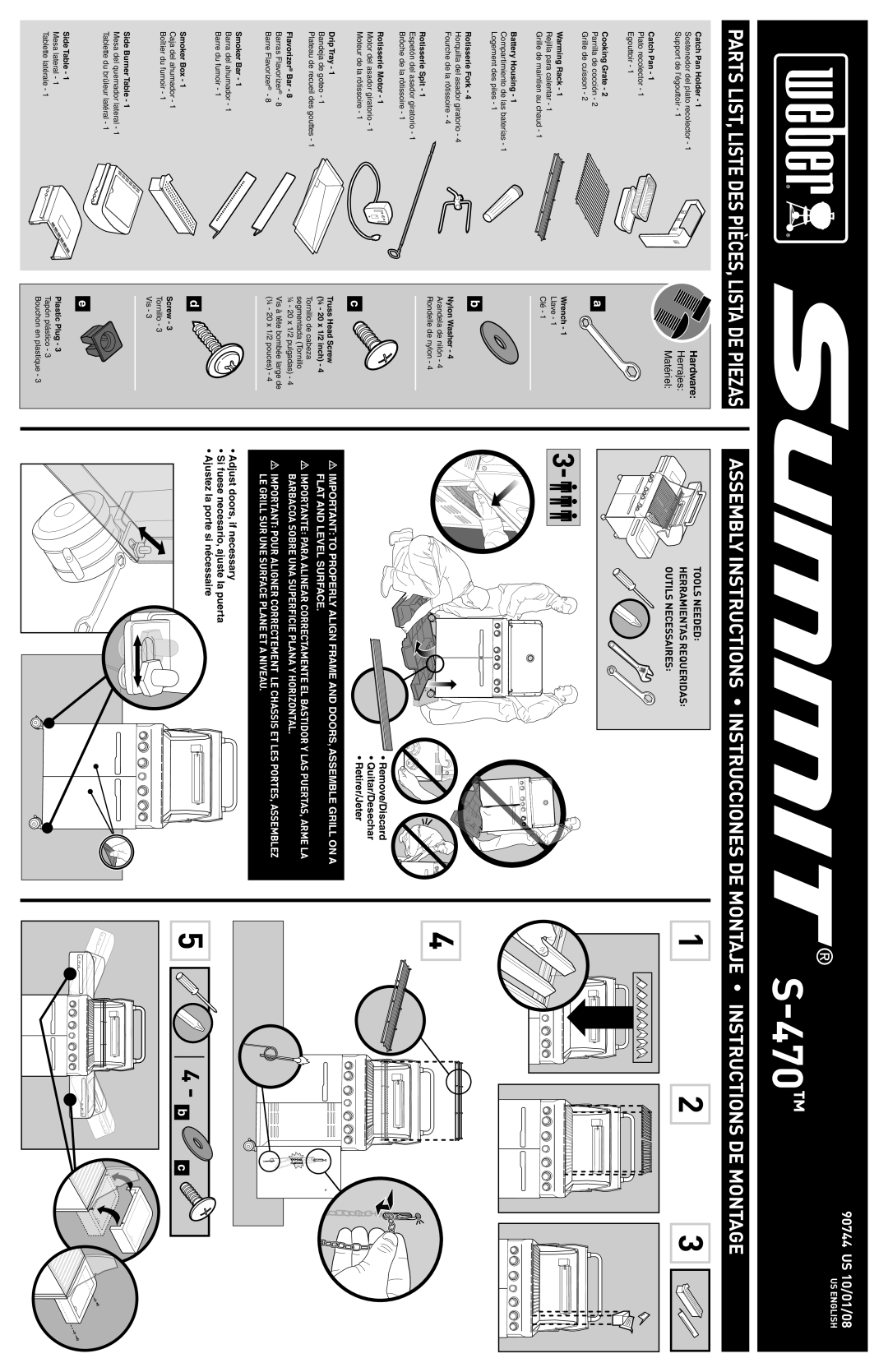 Summit S-470 manual Hardware, Herrajes Matériel, Remove/Discard Quitar/Desechar Retirer/Jeter 