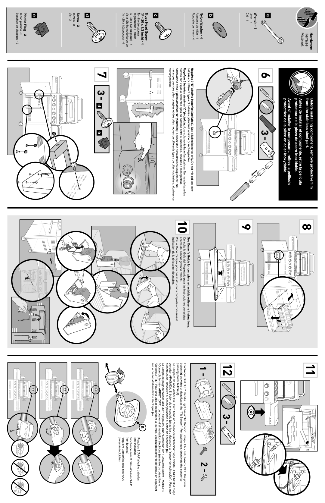 Summit S-470 manual Wrench, Nylon Washer, Truss Head Screw ¼ 20 x 1/2 inch, Plastic Plug 