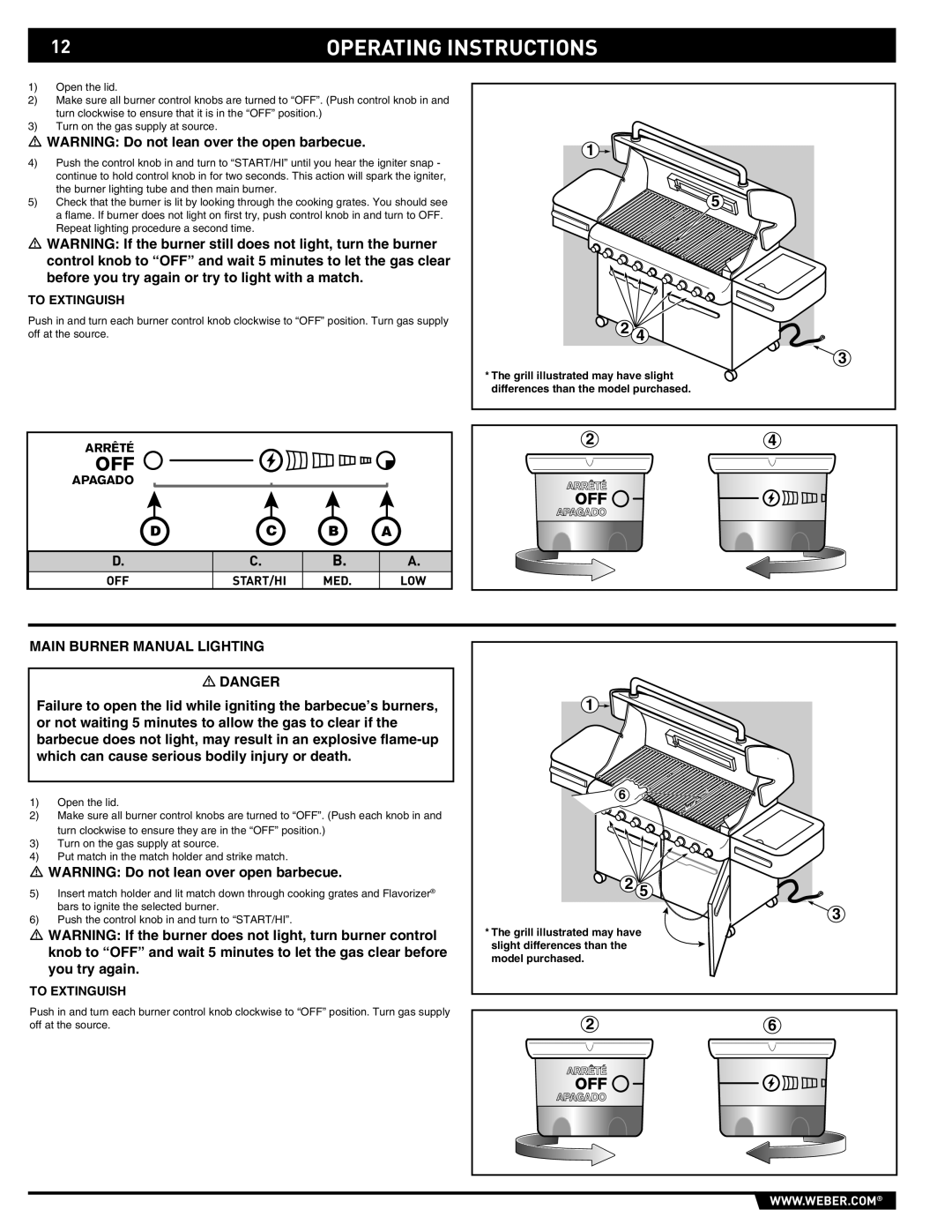 Summit S-670 manual Main Burner Manual Lighting, To Extinguish, Arrêté, Apagado 