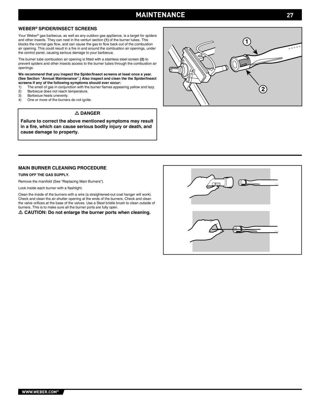 Summit S-670 manual Maintenance, Weber SPIDER/INSECT Screens, Main Burner Cleaning Procedure 