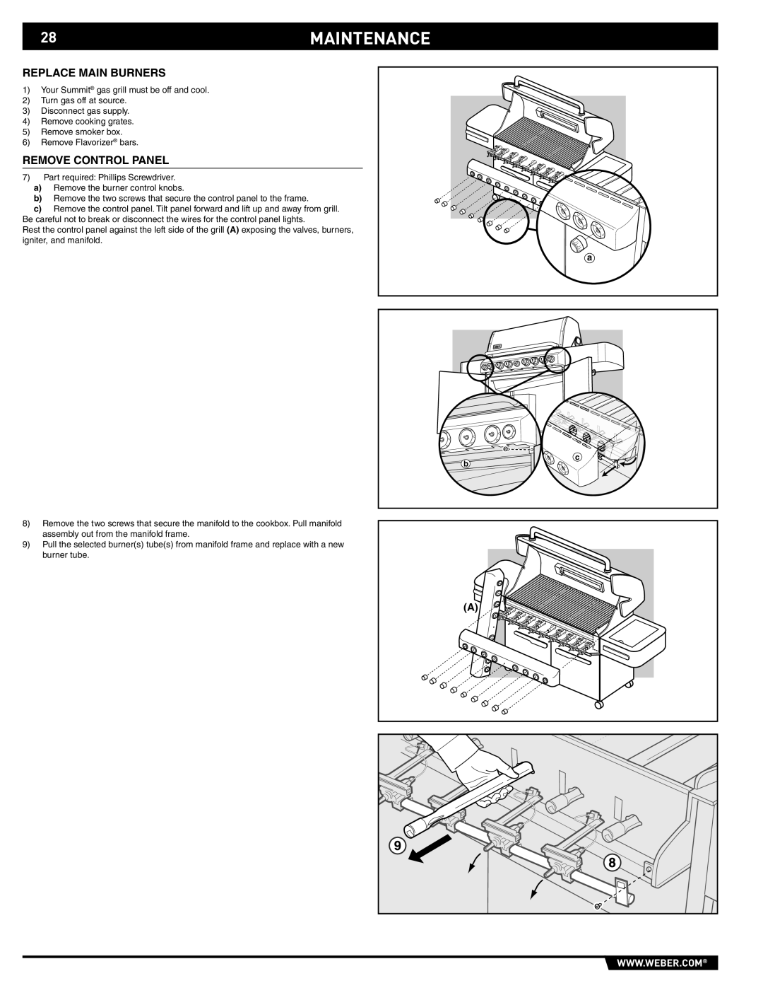 Summit S-670 manual 28MAINTENANCE, Replace Main Burners 