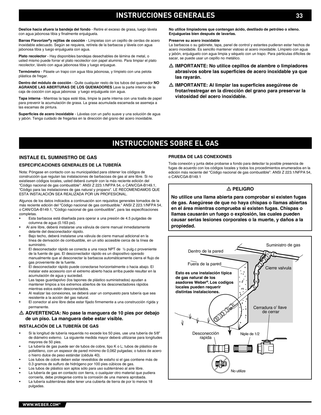 Summit S-670 manual Instrucciones Sobre EL GAS, Instale EL Suministro DE GAS, Especificaciones Generales DE LA Tubería 