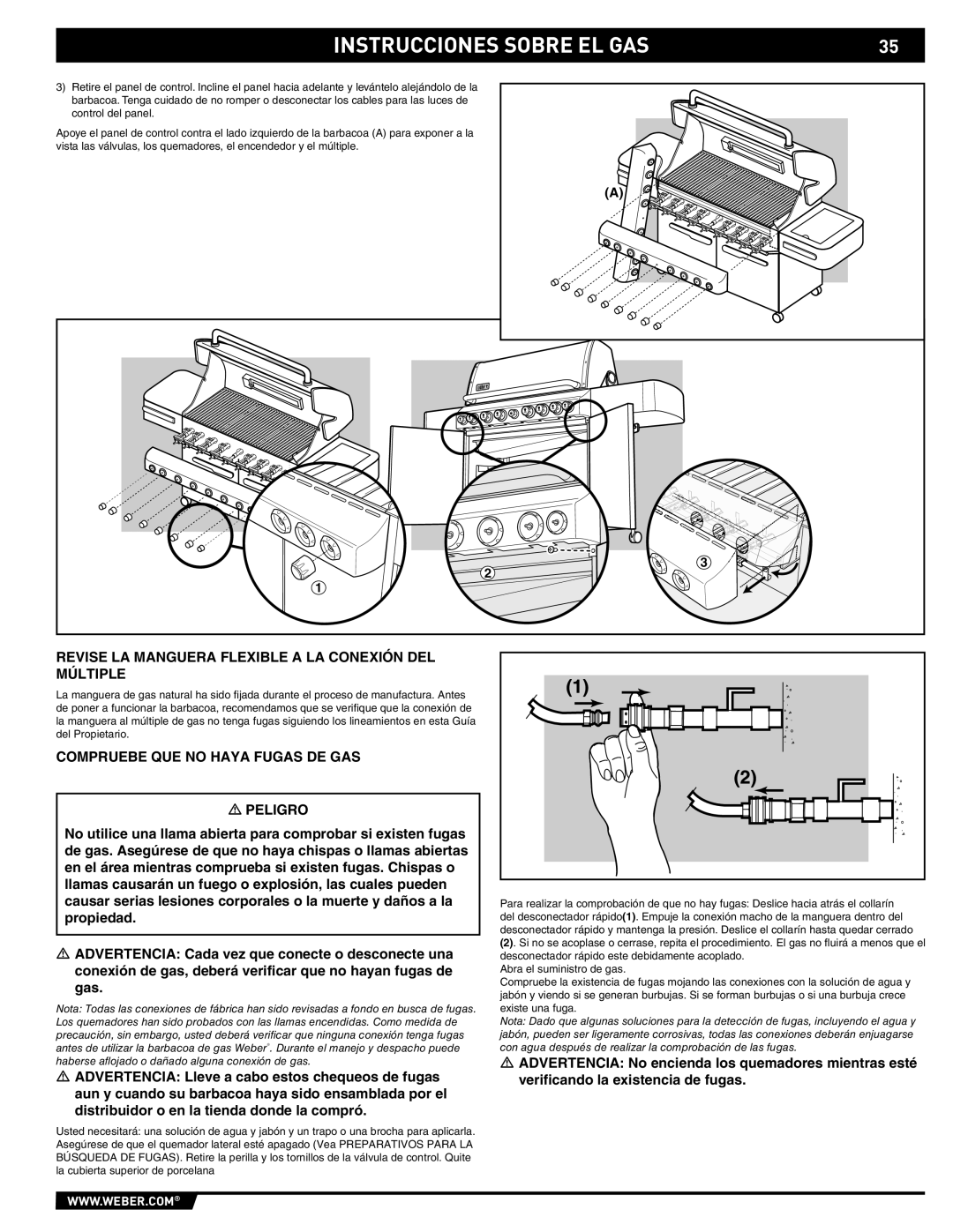 Summit S-670 manual Revise LA Manguera Flexible a LA Conexión DEL Múltiple, Compruebe QUE no Haya Fugas DE GAS Peligro 