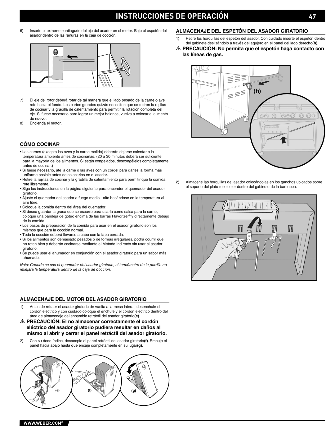 Summit S-670 manual Almacenaje DEL Espetón DEL Asador Giratorio, Cómo Cocinar, Almacenaje DEL Motor DEL Asador Giratorio 