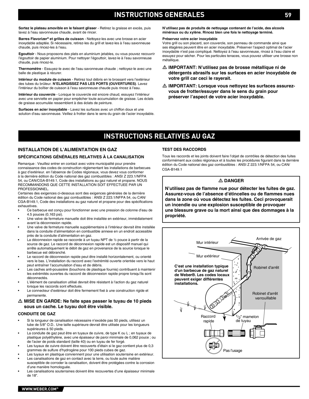 Summit S-670 Instructions Relatives AU GAZ, Installation DE L’ALIMENTATION EN GAZ, Test DES Raccords, Conduite DE GAZ 