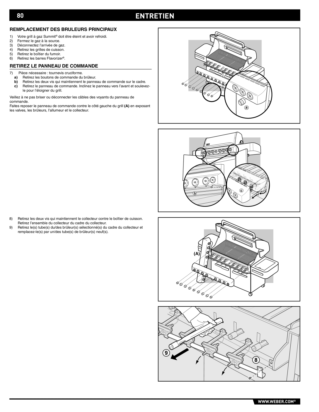 Summit S-670 manual 80ENTRETIEN, Remplacement DES Bruleurs Principaux, Retirez LE Panneau DE Commande 