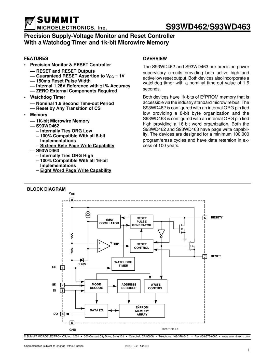 Summit S93WD462, S93WD463 manual Features, Overview, Block Diagram 