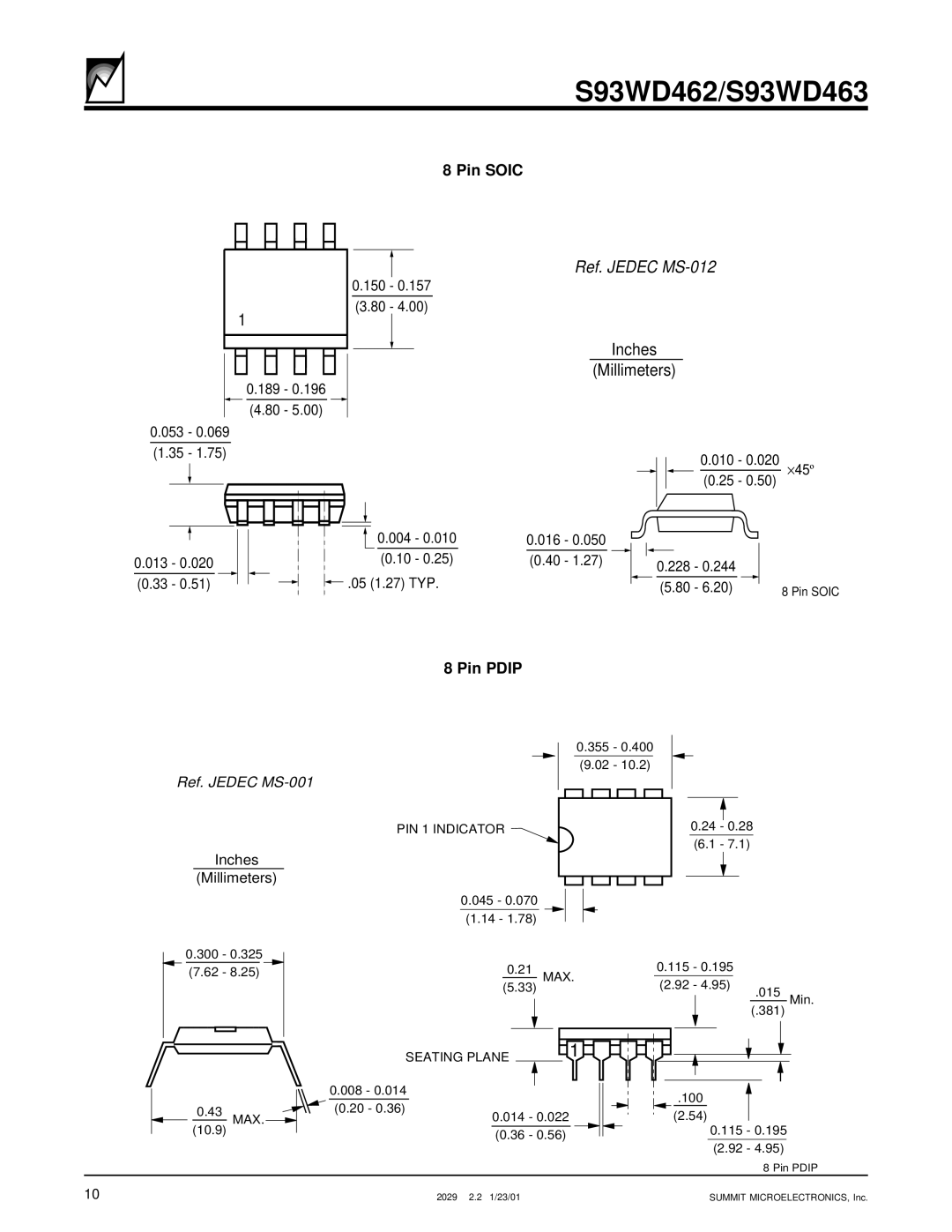 Summit S93WD463, S93WD462 manual Pin Soic, Pin Pdip 