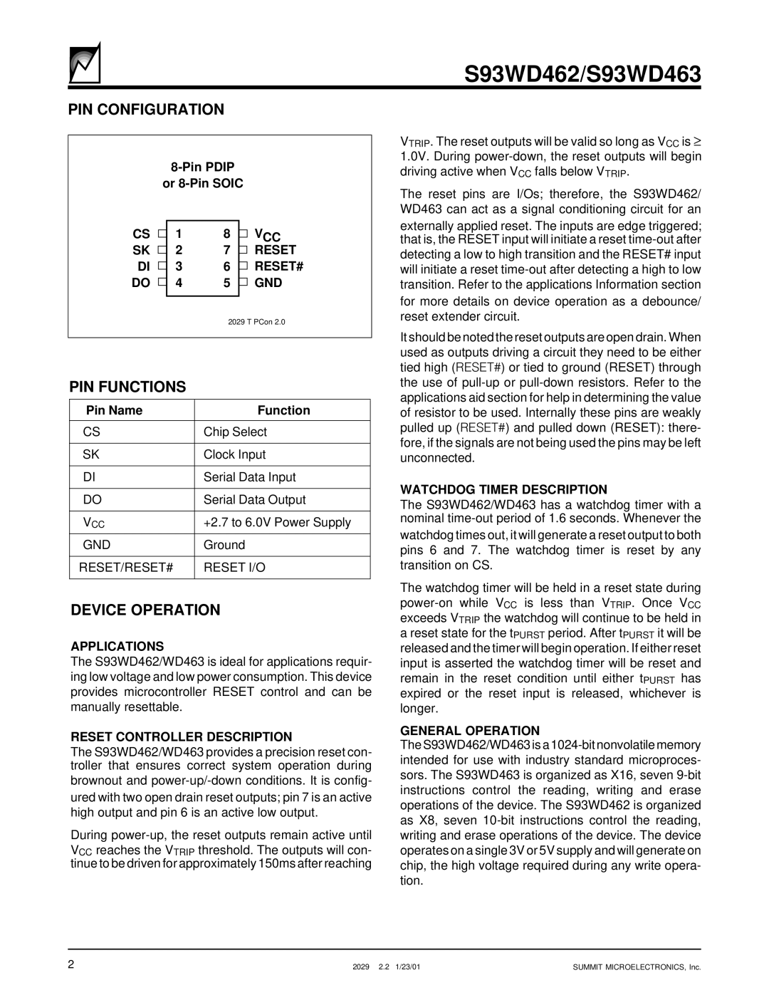Summit S93WD463, S93WD462 Vcc, Reset#, Gnd, Applications, Reset Controller Description, Watchdog Timer Description 