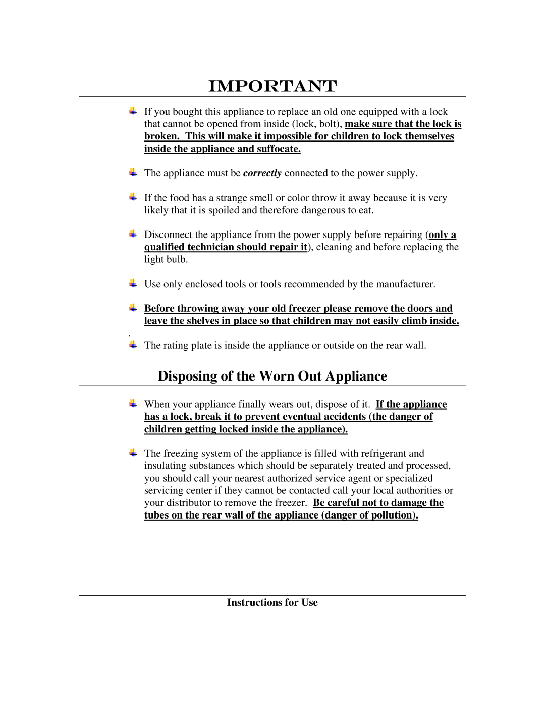 Summit SCFF-55 instruction manual Disposing of the Worn Out Appliance 