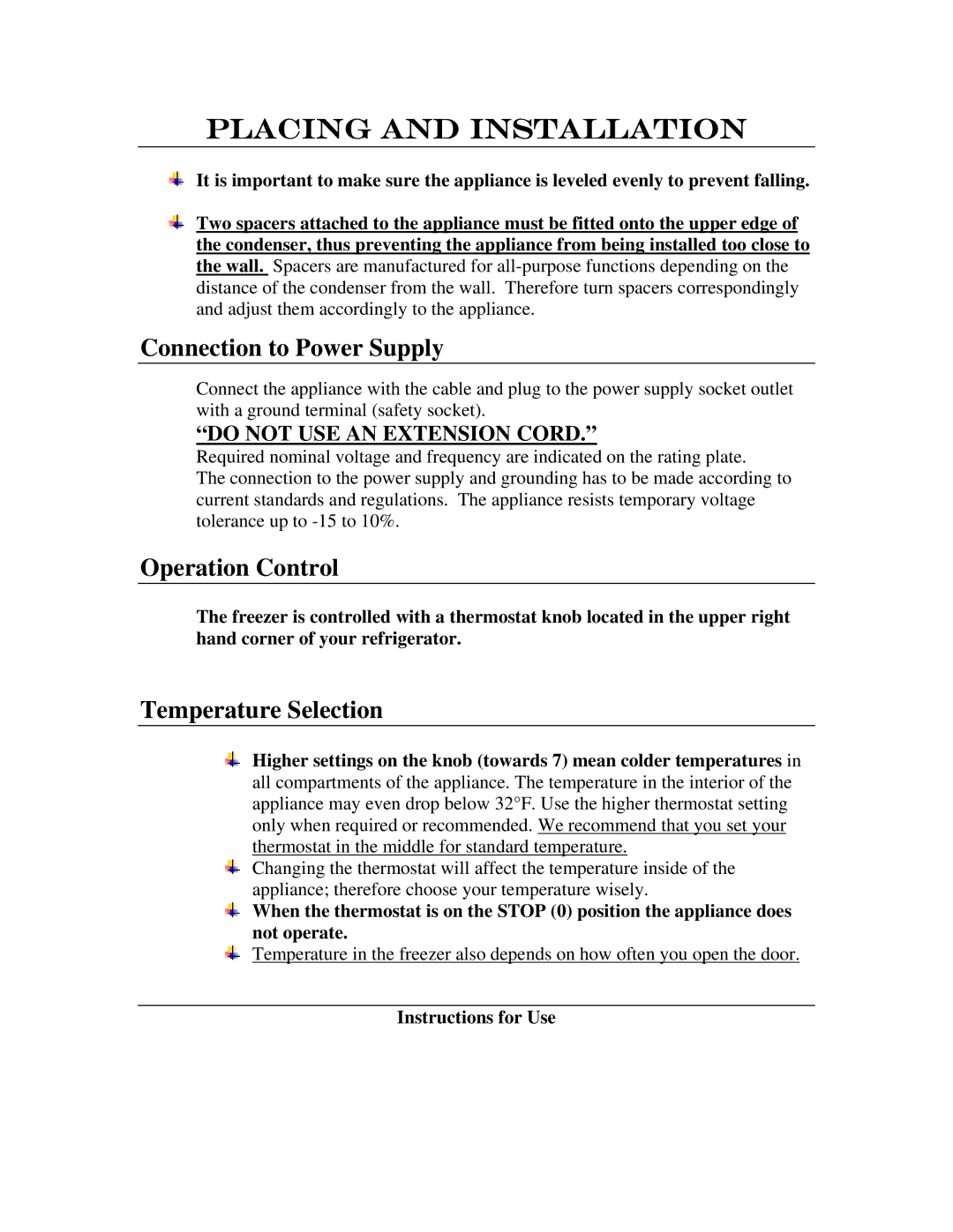 Summit SCFF-55 instruction manual Connection to Power Supply, Operation Control, Temperature Selection 