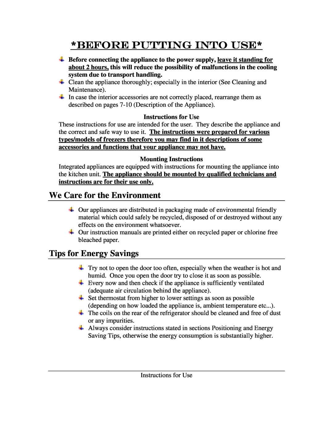 Summit SCFF-55 Before Putting Into UsE, We Care for the Environment, Tips for Energy Savings, Instructions for Use 