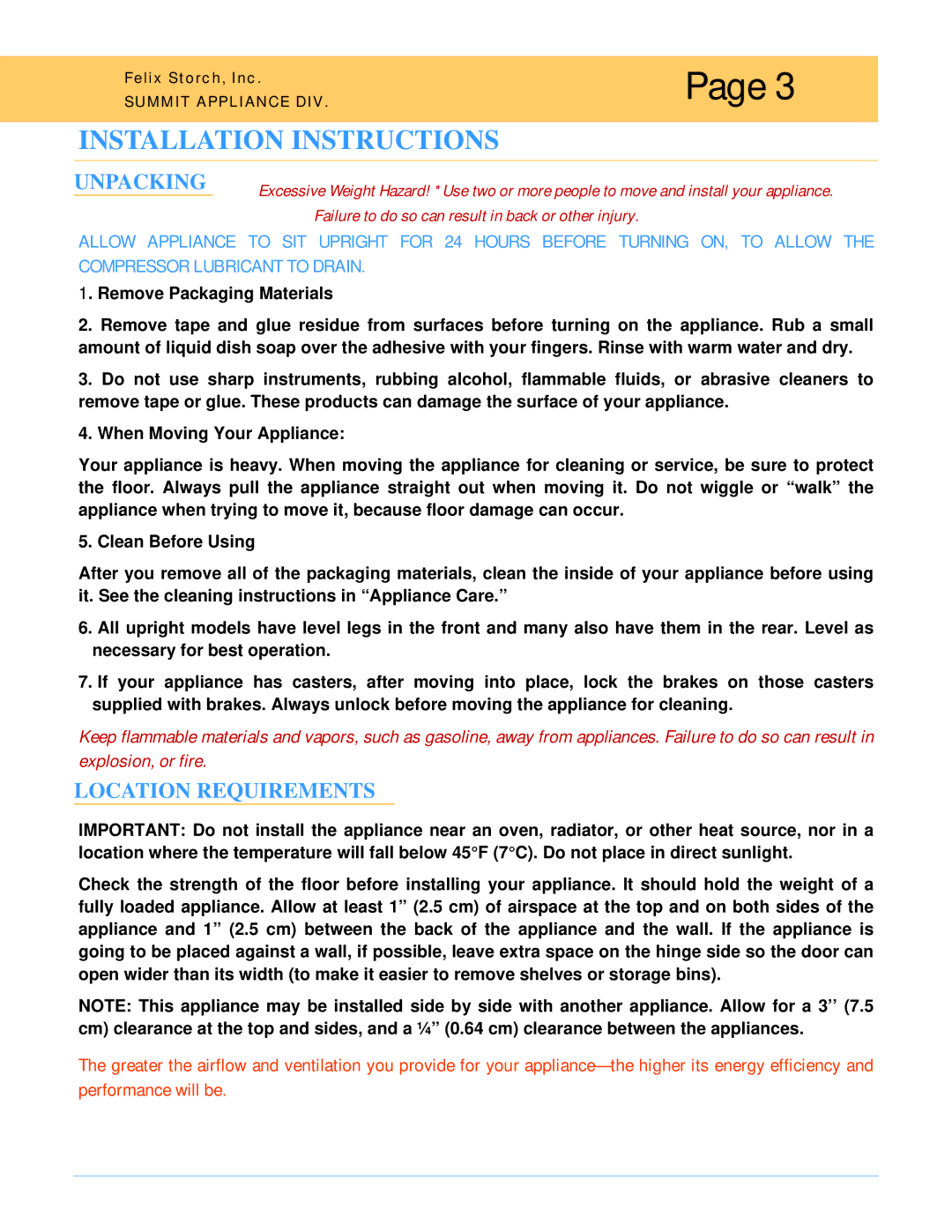 Summit ALF-620, SCR-600, SWC-6G, FF8, AL-750 owner manual Installation Instructions, Unpacking 