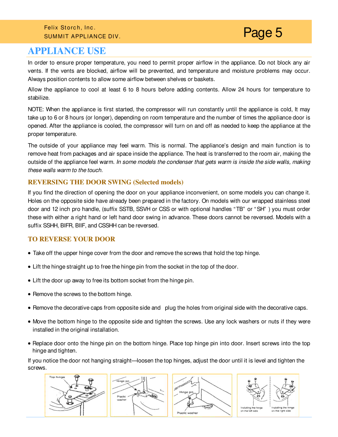 Summit SCR-600, SWC-6G, FF8, ALF-620, AL-750 owner manual Appliance USE, Reversing the Door Swing Selected models 