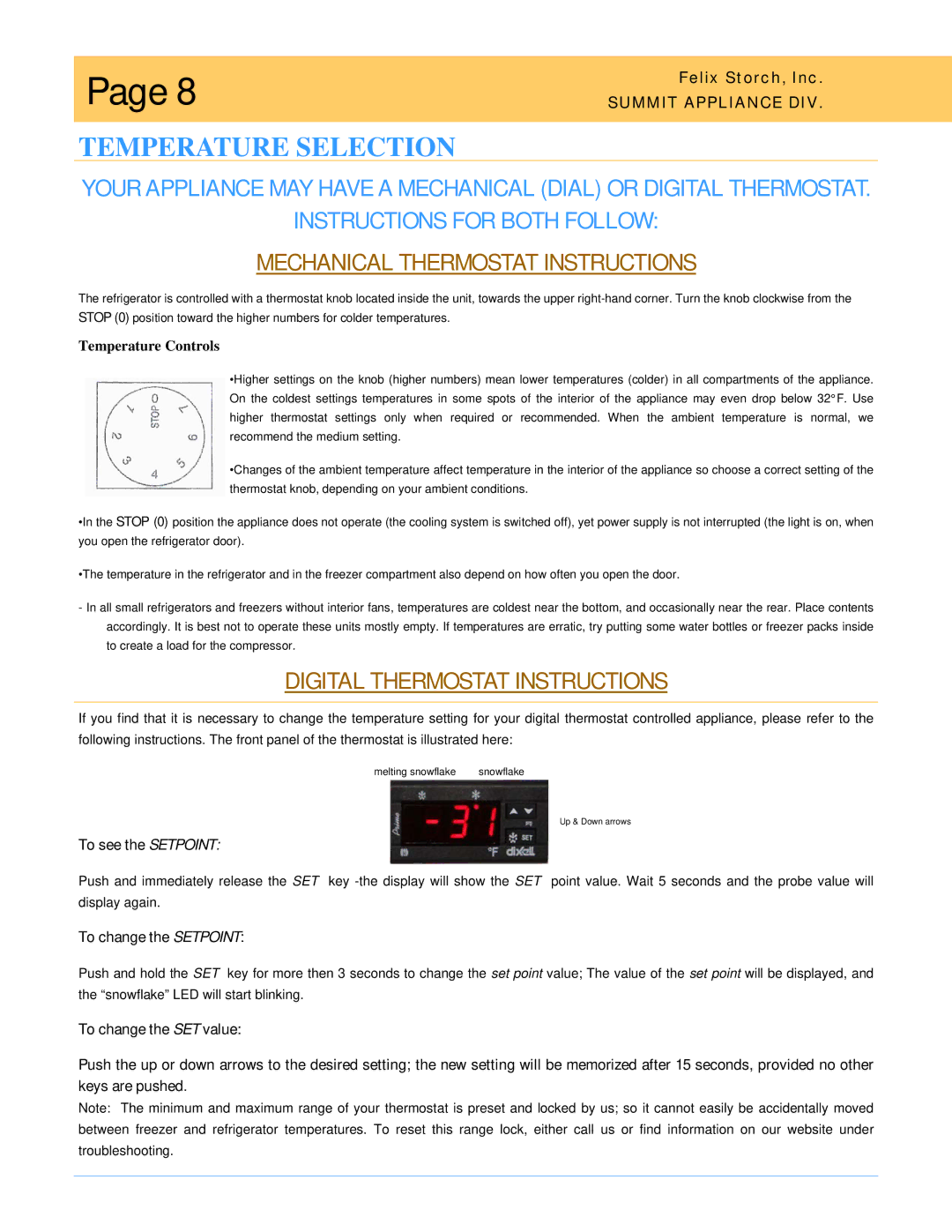 Summit ALF-620, SCR-600, SWC-6G, FF8, AL-750 owner manual Temperature Selection, Mechanical Thermostat Instructions 