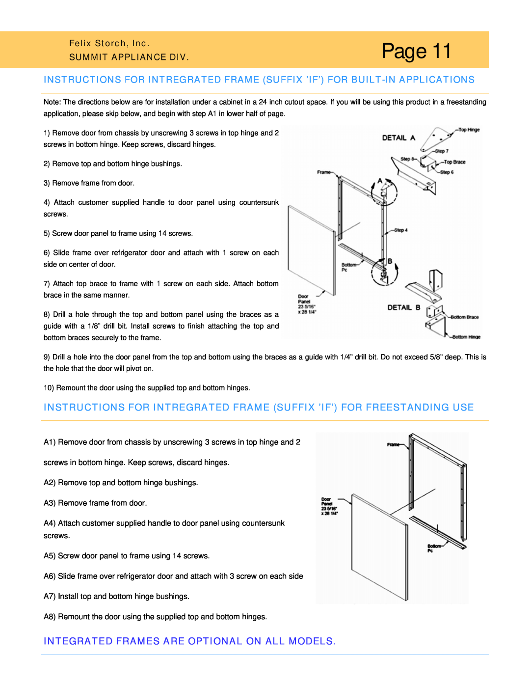 Summit SWC-6G, SCR-600, FF8, ALF-620, AL-750 Page, Instructions For Intregrated Frame Suffix ’If’ For Freestanding Use 