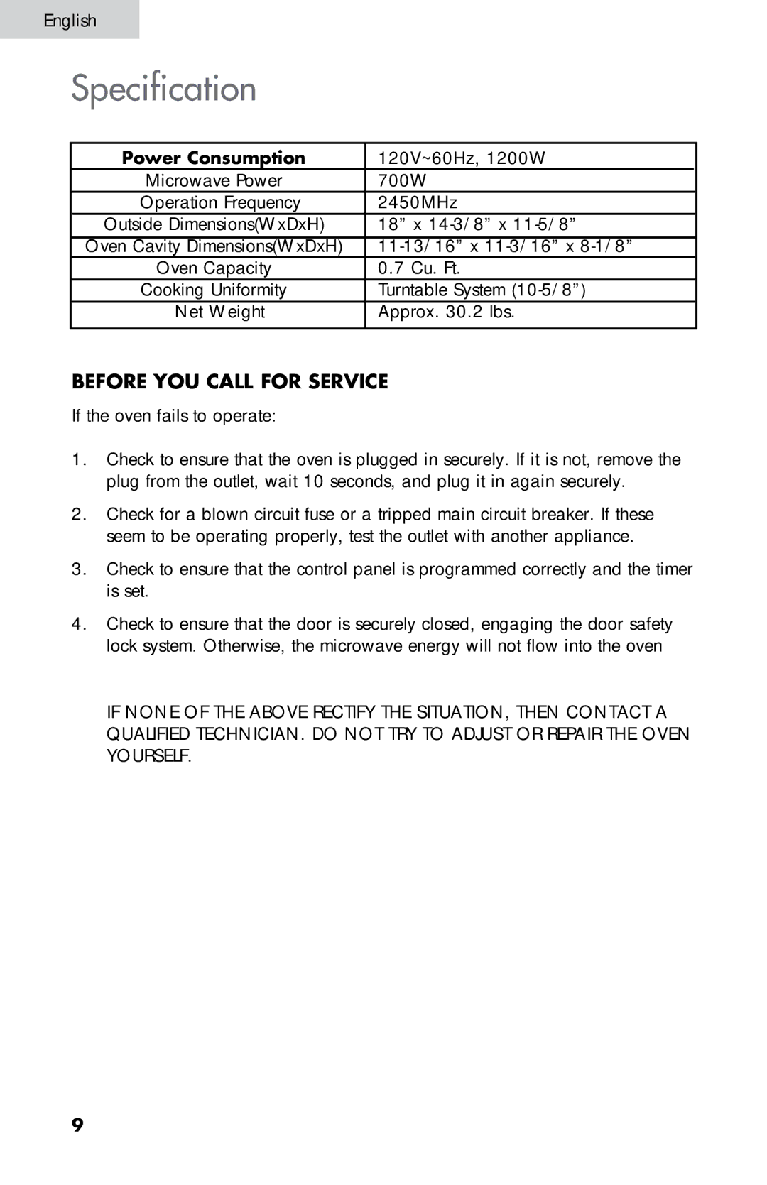 Summit SM900WH, SM900BL user manual Specification, Before You Call For Service, Power Consumption 