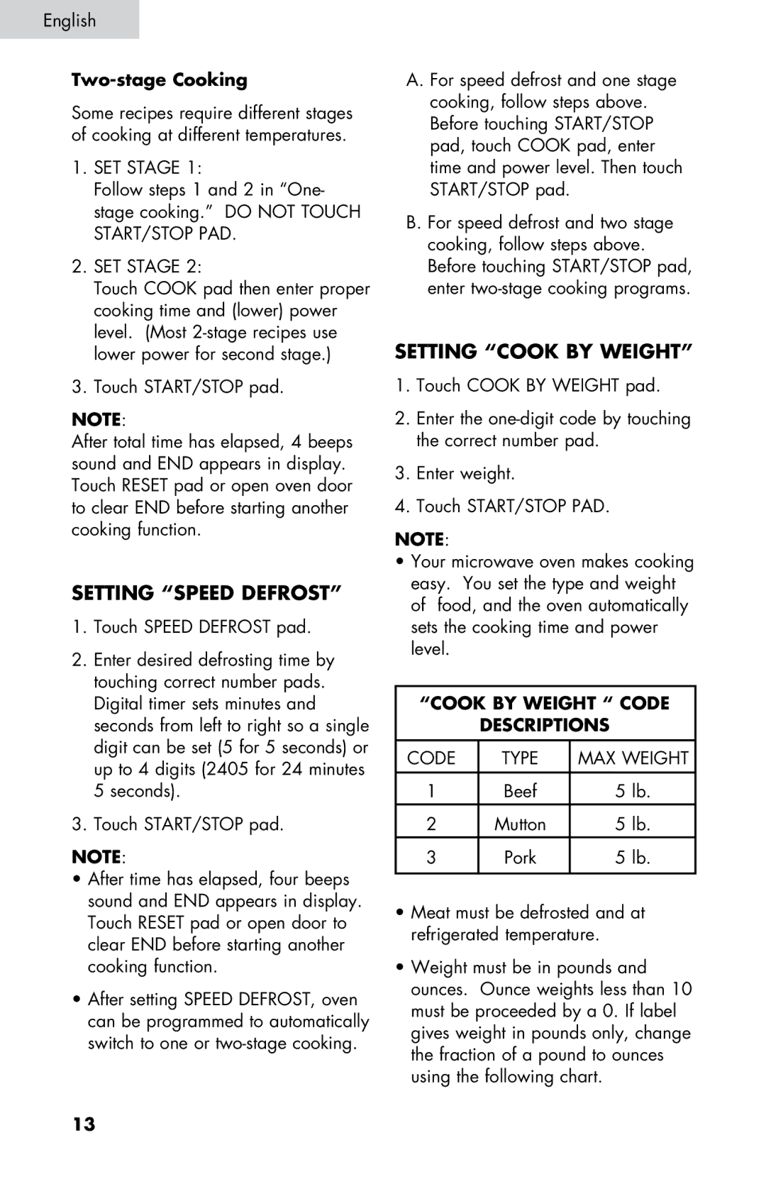 Summit SM900WH, SM900BL Setting Speed Defrost, Setting Cook by Weight, Two-stage Cooking, Cook by Weight Code Descriptions 