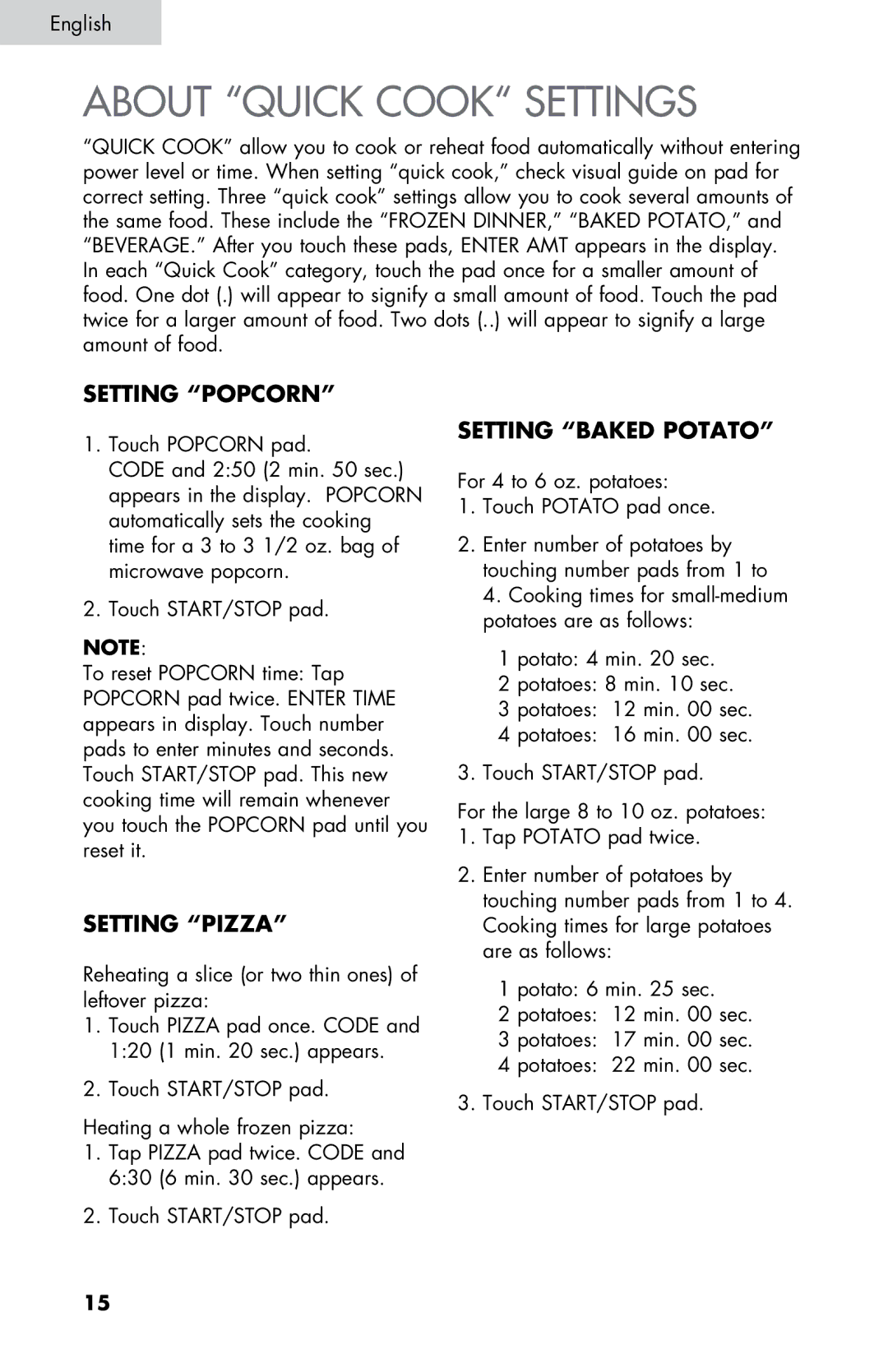 Summit SM900WH, SM900BL user manual Setting Popcorn, Setting Pizza, Setting Baked Potato 