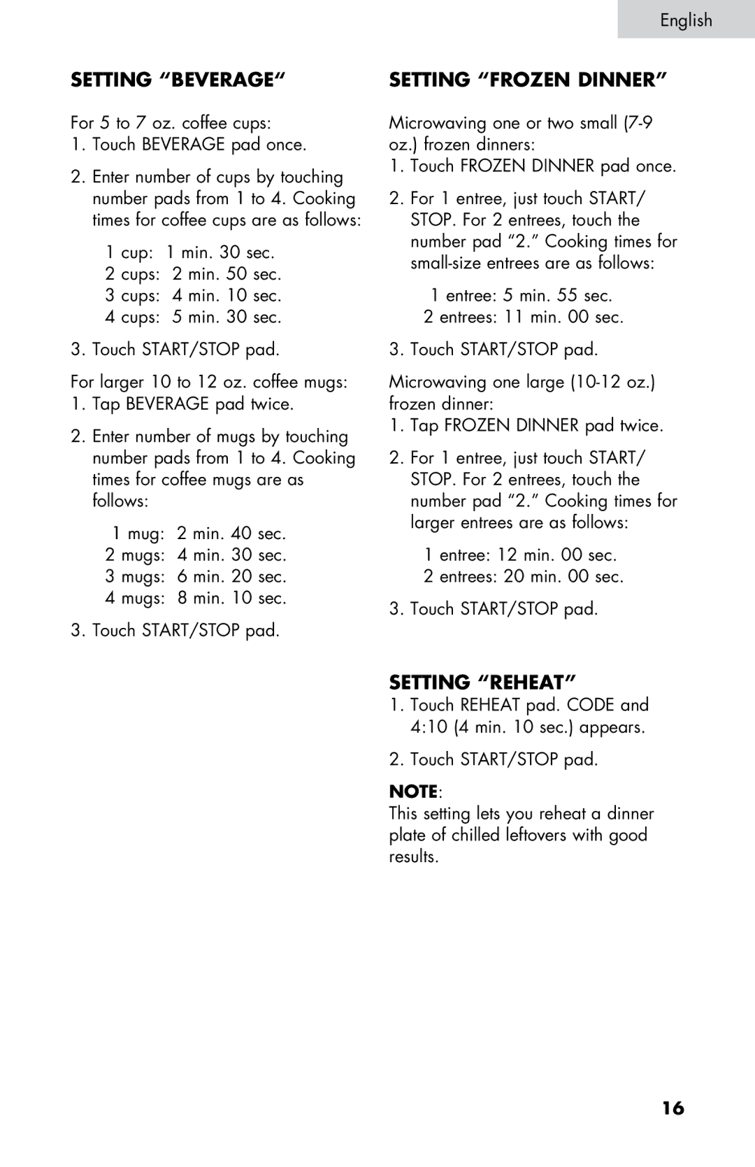 Summit SM900BL, SM900WH user manual Setting Beverage, Setting Frozen Dinner, Setting Reheat 