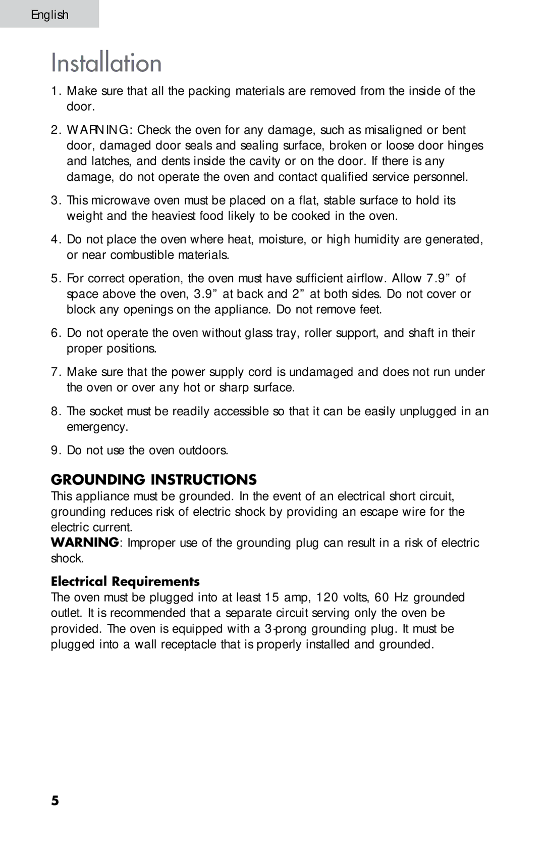 Summit SM900WH, SM900BL user manual Installation, Grounding Instructions, Electrical Requirements 