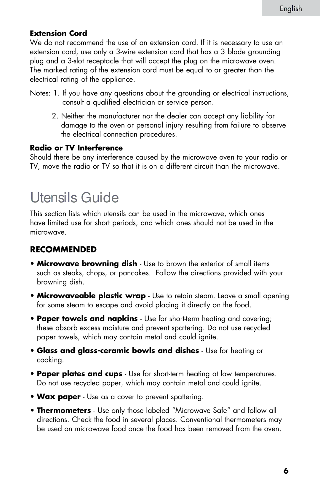 Summit SM900BL, SM900WH user manual Utensils Guide, Recommended, Extension Cord, Radio or TV Interference 