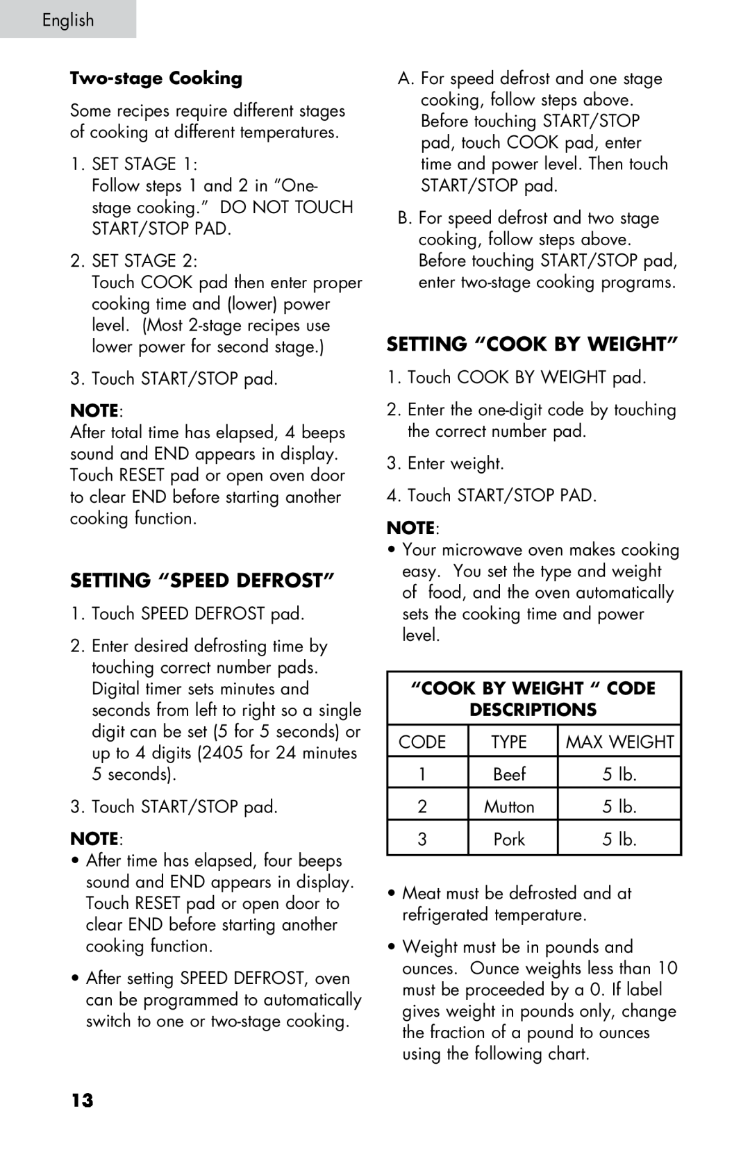 Summit SM900WH Setting “Speed Defrost”, Setting “Cook By Weight”, Two-stageCooking, “Cook By Weight “ Code Descriptions 