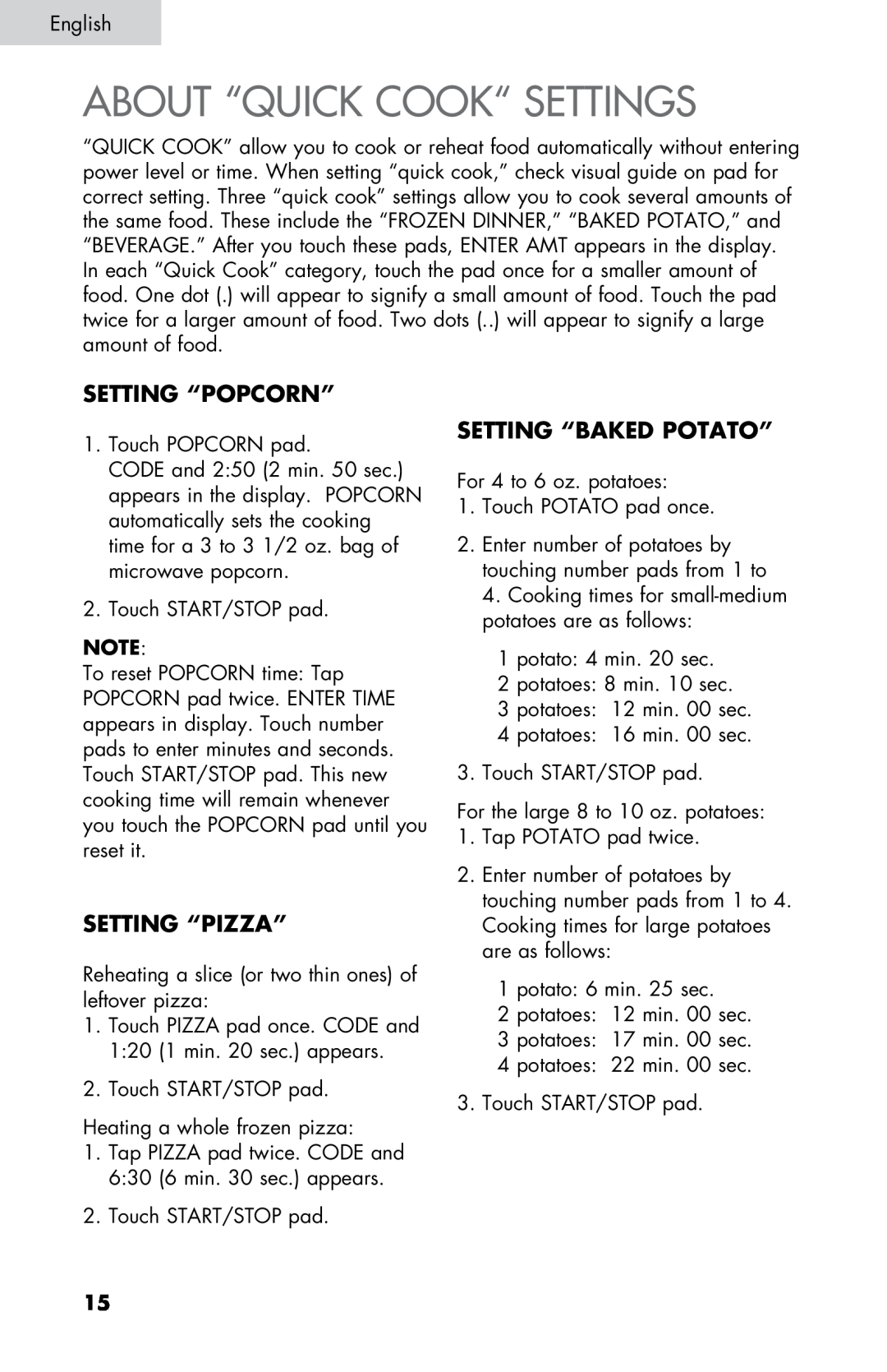 Summit SM900WH, SM900BL user manual About “Quick Cook“ Settings, Setting “Popcorn”, Setting “Pizza”, Setting “Baked Potato” 