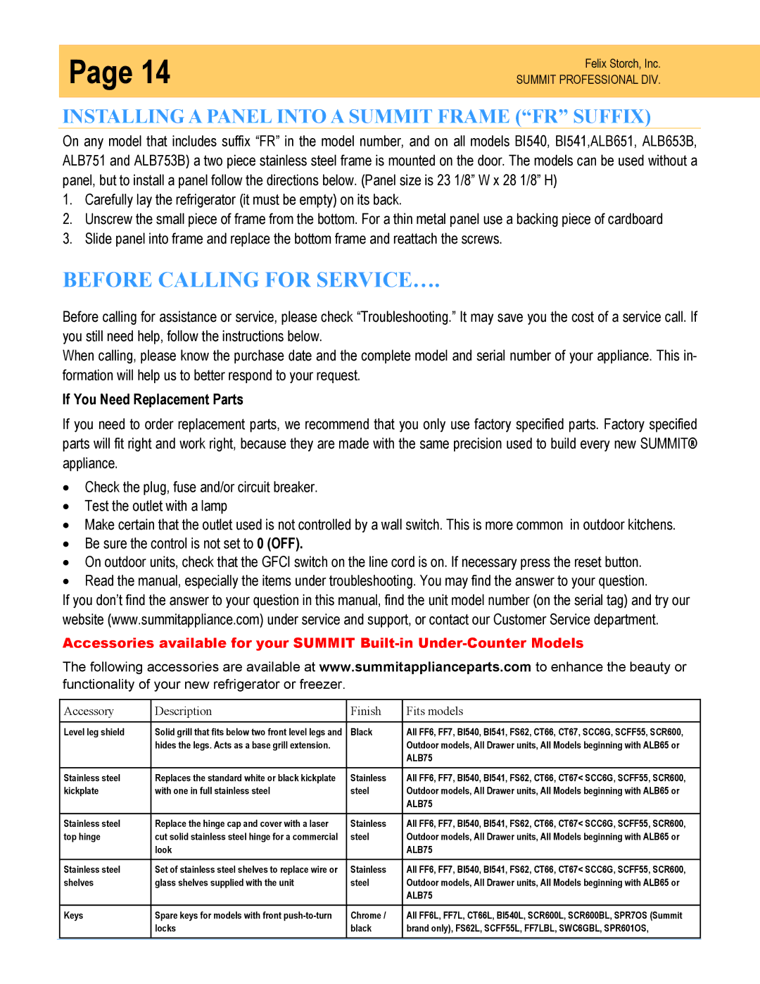 Summit SPR7OS owner manual Before Calling for SERVICE…, Installing a Panel Into a Summit Frame FR Suffix 