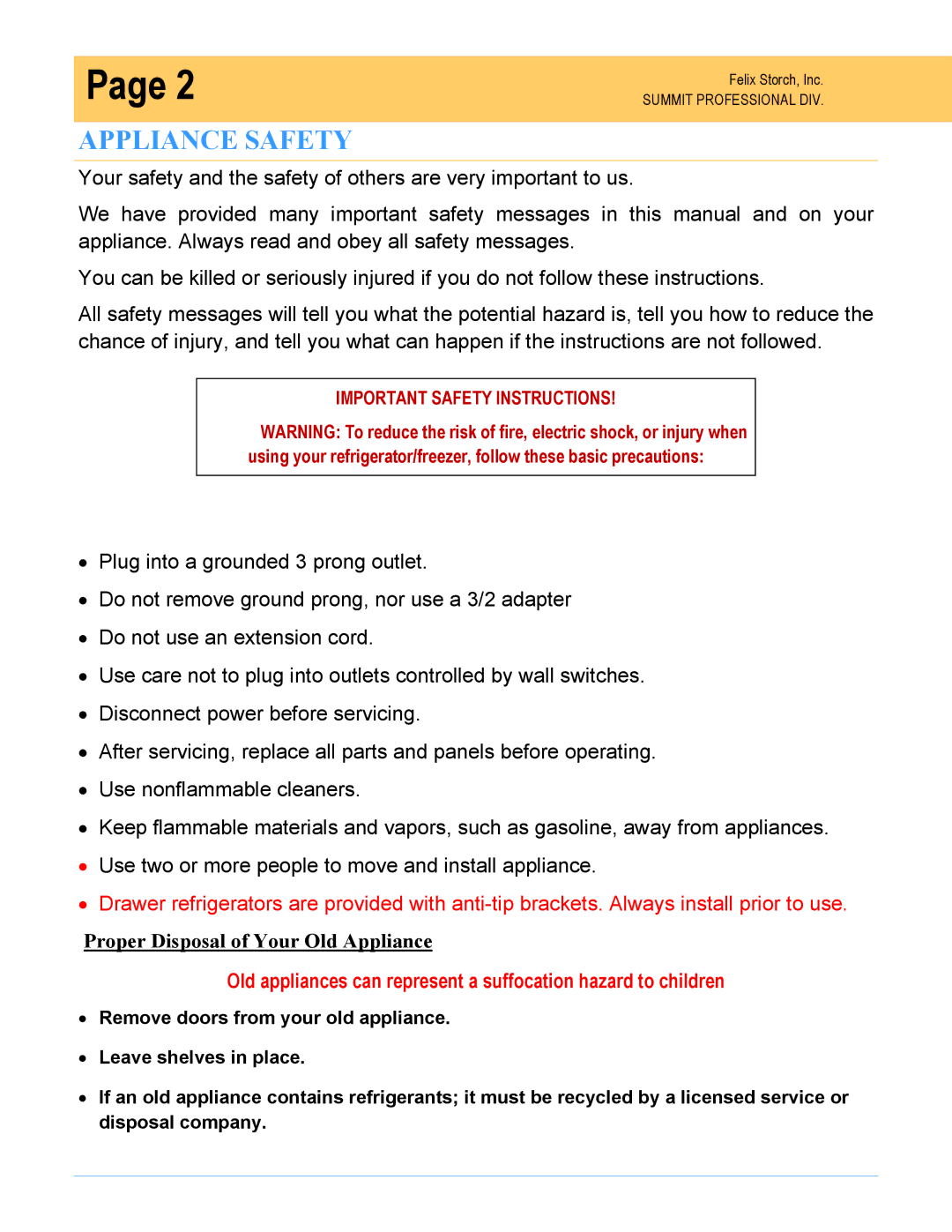 Summit SPR7OS owner manual Appliance Safety 