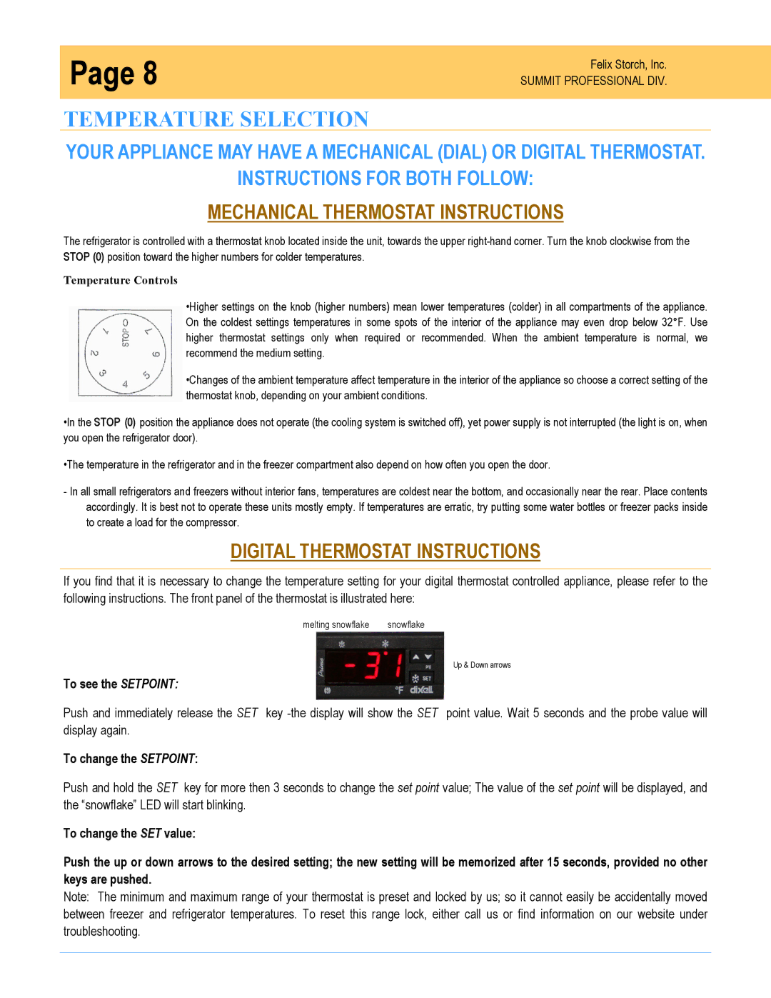 Summit SPR7OS owner manual Temperature Selection, Mechanical Thermostat Instructions 