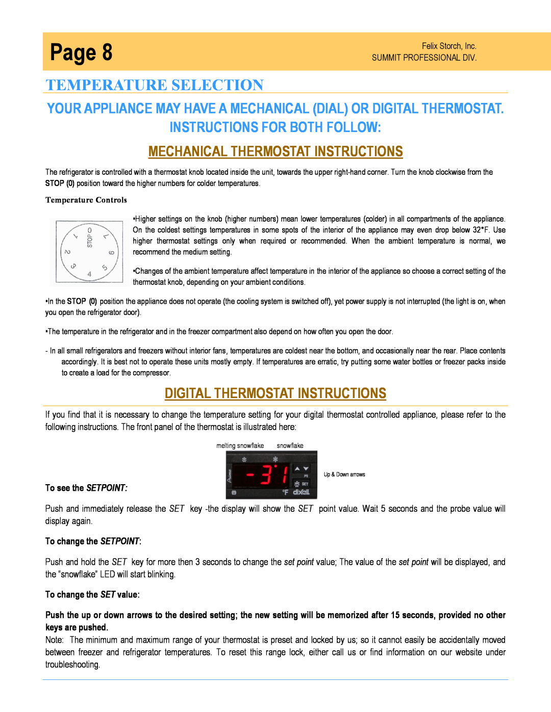 Summit SPR7OS owner manual Temperature Selection, Instructions For Both Follow, Mechanical Thermostat Instructions, Page 