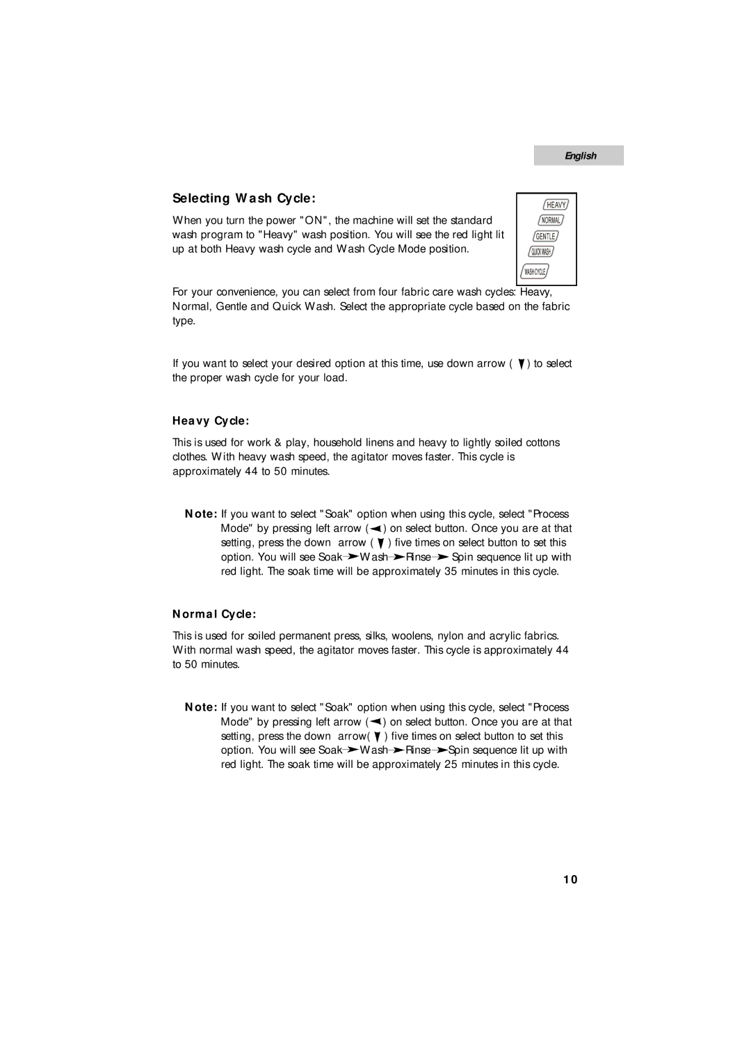 Summit SPW1200P user manual Selecting Wash Cycle, Heavy Cycle, Normal Cycle 