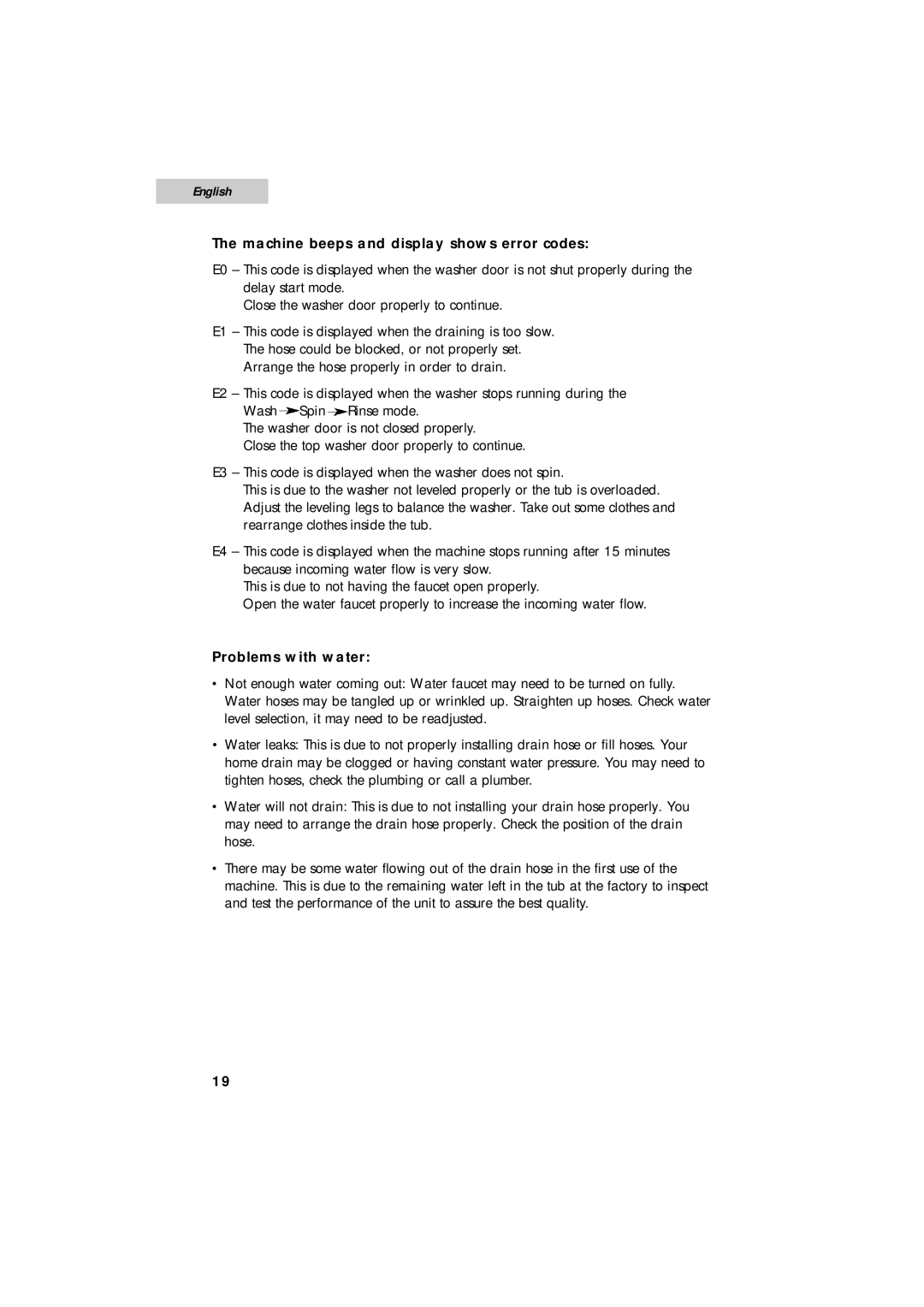 Summit SPW1200P user manual Machine beeps and display shows error codes, Problems with water 