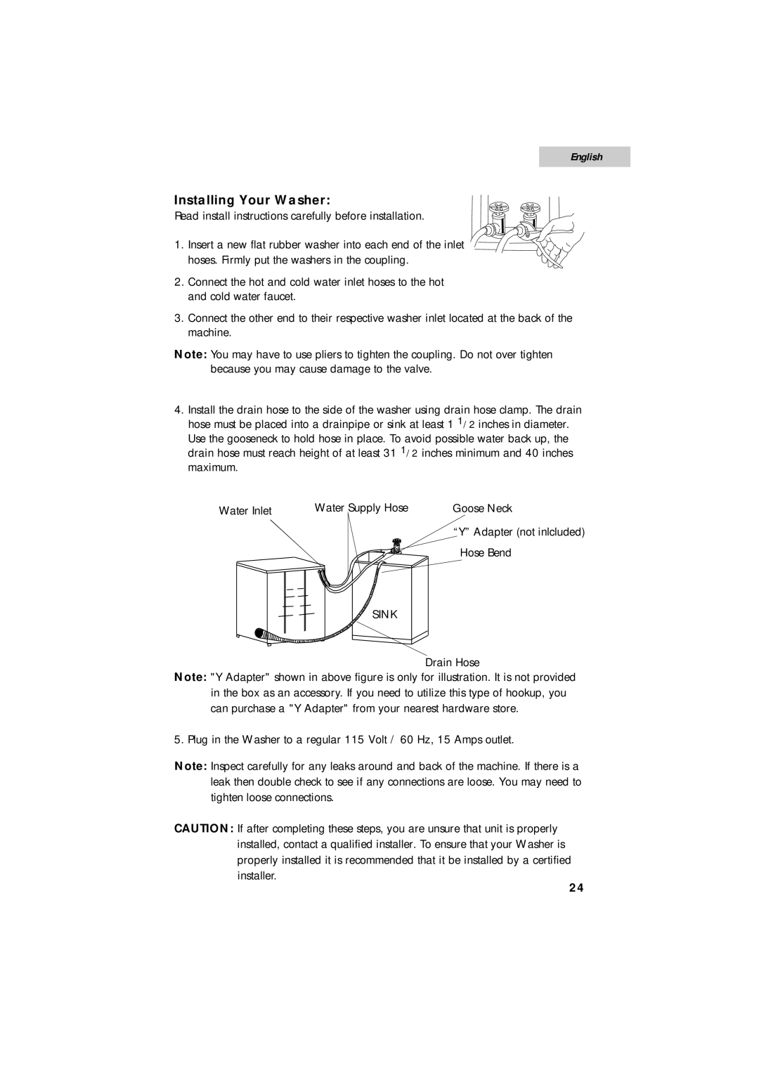 Summit SPW1200P user manual Installing Your Washer 