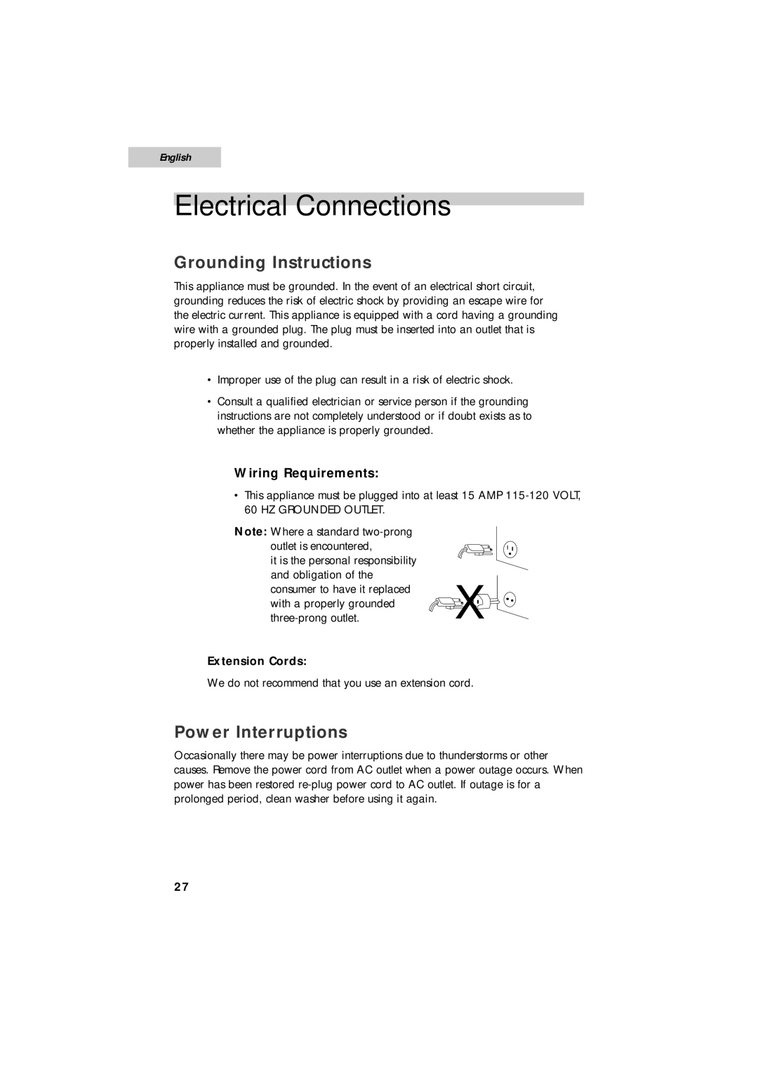 Summit SPW1200P Electrical Connections, Grounding Instructions, Power Interruptions, Wiring Requirements, Extension Cords 