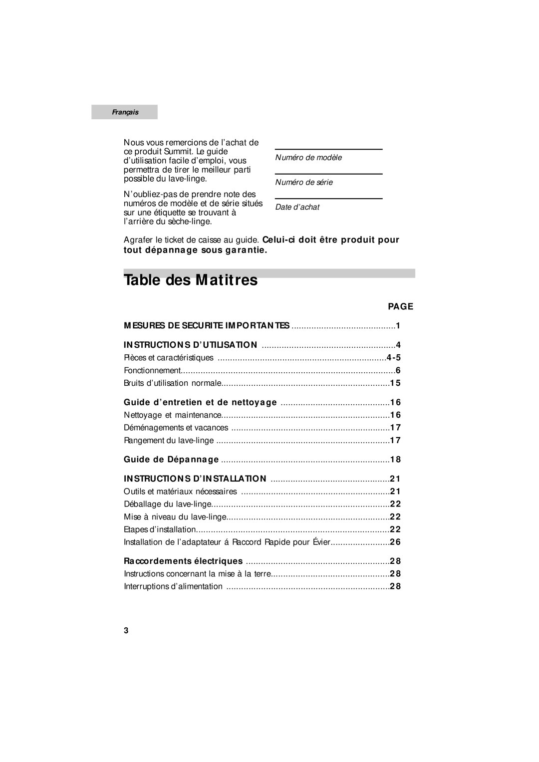 Summit SPW1200P user manual Table des Matitres, Tout dépannage sous garantie 